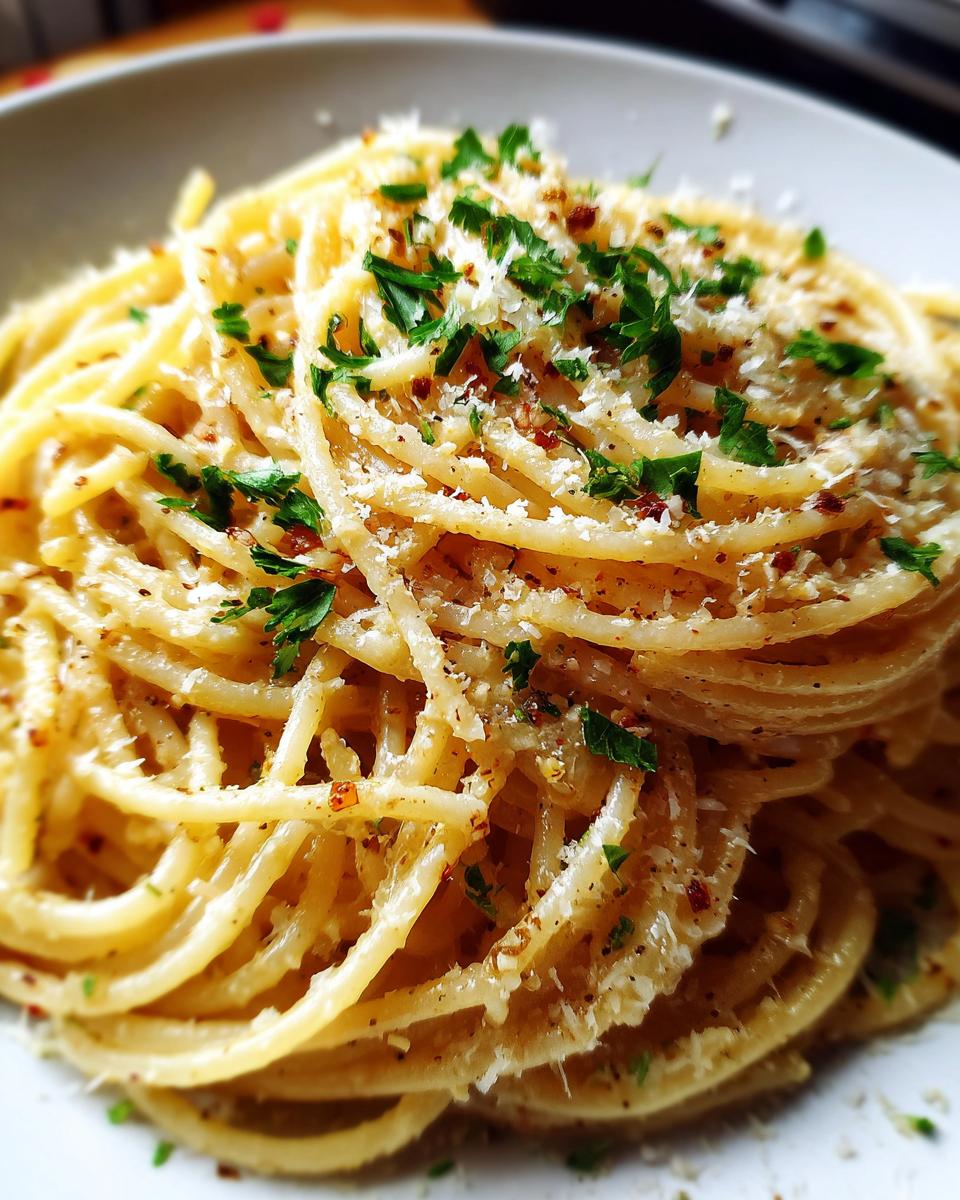 Close-up of 5-Minute Lazy Girl Pasta with Garlic Parmesan, garnished with parsley and red pepper flakes.