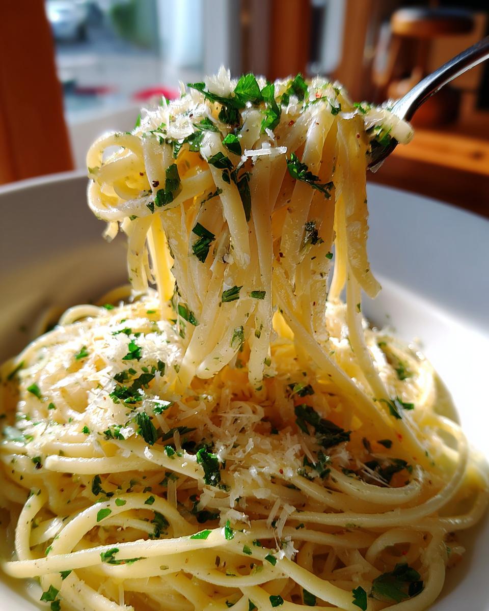 Close-up of 5-Minute Lazy Girl Pasta with garlic, parmesan cheese, and herbs, on a fork.