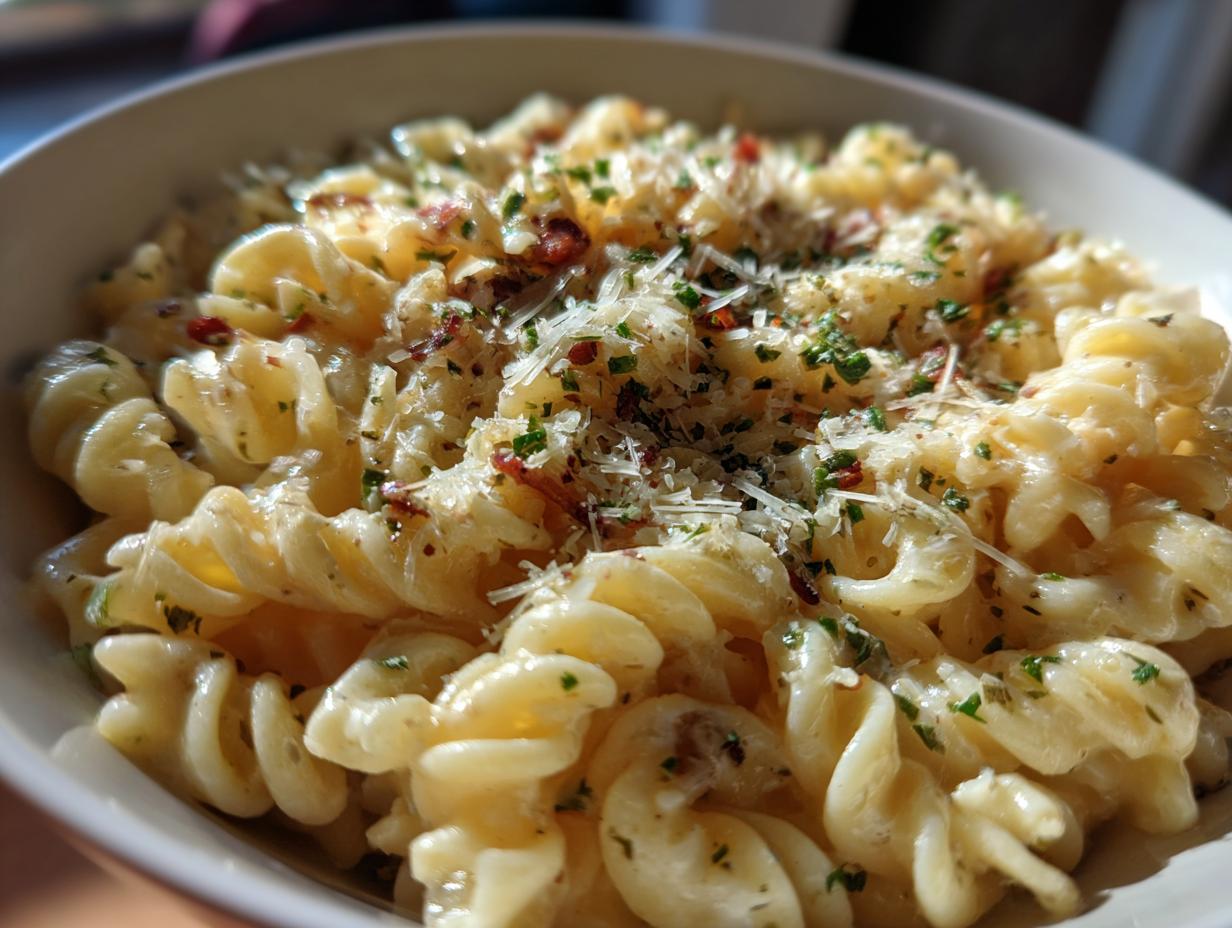 Close-up of a bowl of 5-Minute Lazy Girl Pasta with Garlic Parmesan, garnished with herbs and cheese.