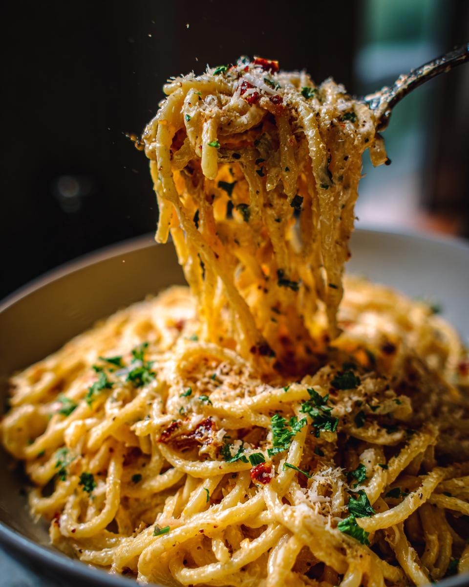 Close-up of 5-Minute Lazy Girl Pasta with garlic parmesan, garnished with herbs and cheese.