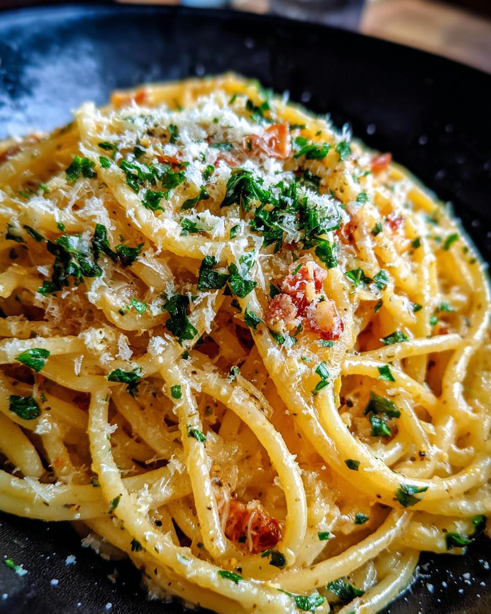 Close-up of 5-Minute Lazy Girl Pasta with garlic, parmesan cheese, and herbs.