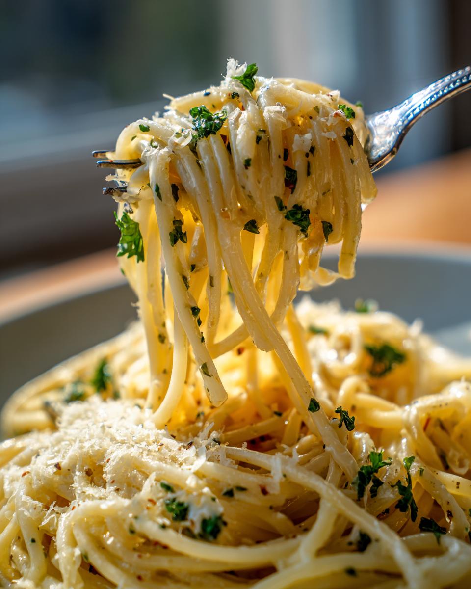 Close-up of 5-Minute Lazy Girl Pasta with Garlic Parmesan on a fork, showing delicious spaghetti.
