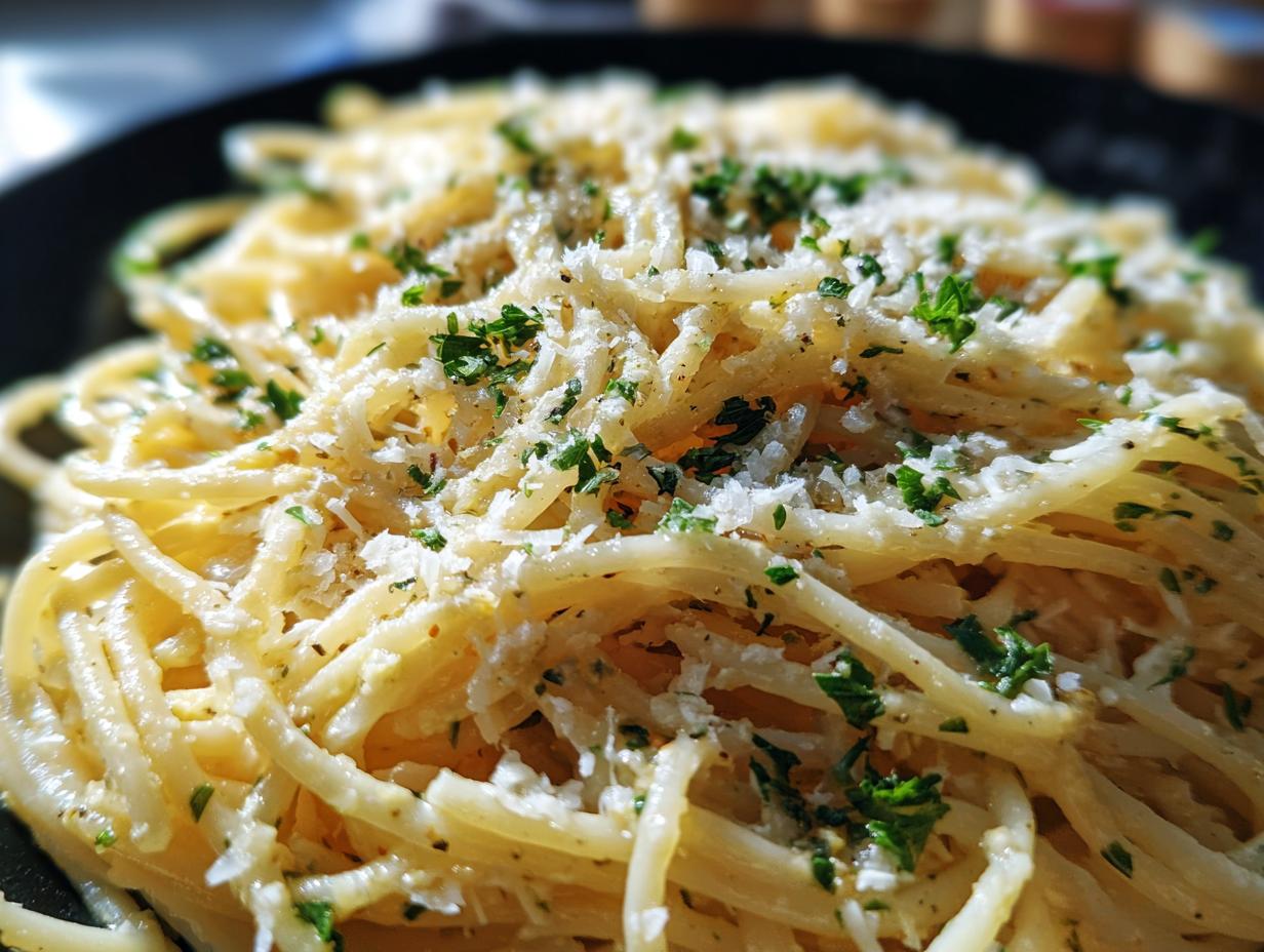 Close-up of 5-Minute Lazy Girl Pasta with Garlic Parmesan, topped with cheese and herbs.