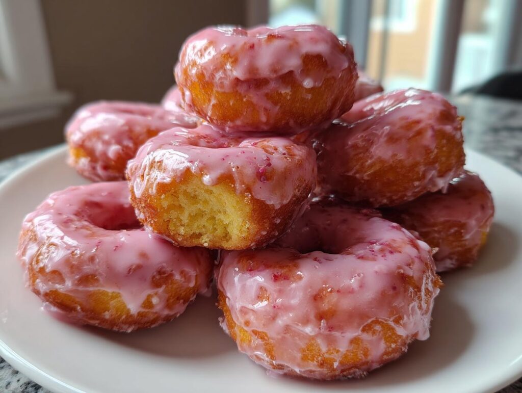 Stack of Air Fryer Mini Donuts with Strawberry Glaze on a white plate, close-up.