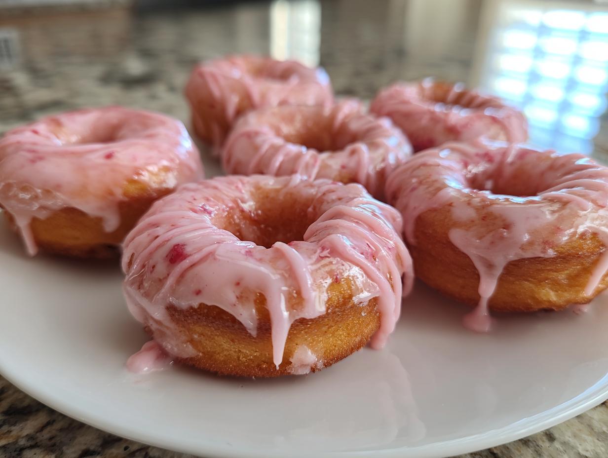 Close-up of air fryer mini donuts with strawberry glaze on a white plate. The image showcases the delicious Air Fryer Mini Donuts.