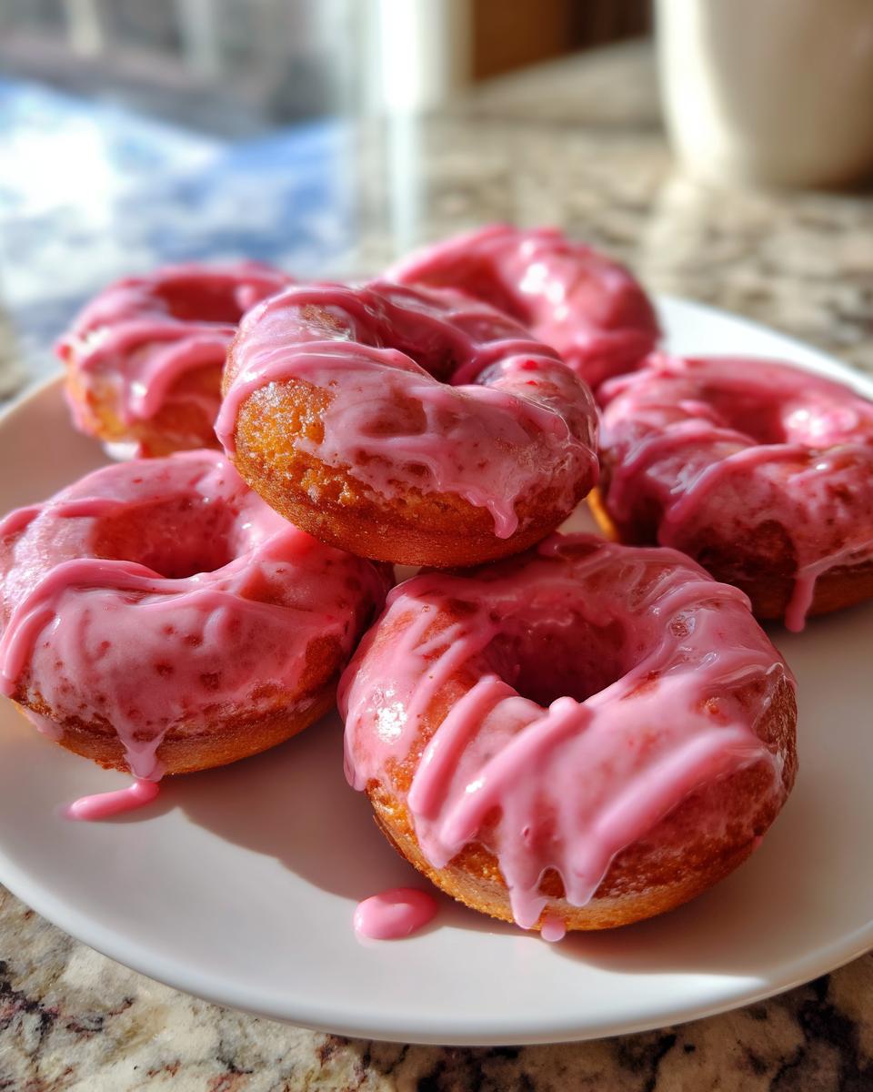 Stack of air fryer mini donuts with strawberry glaze on a white plate. A delicious treat!