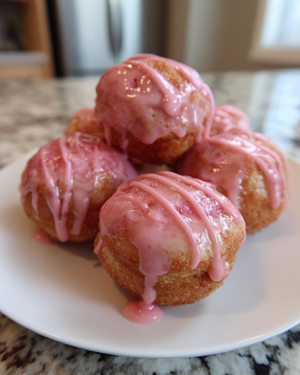 Pile of air fryer mini donuts with strawberry glaze on a white plate. The image shows the delicious Air Fryer Mini Donuts with Strawberry Glaze.