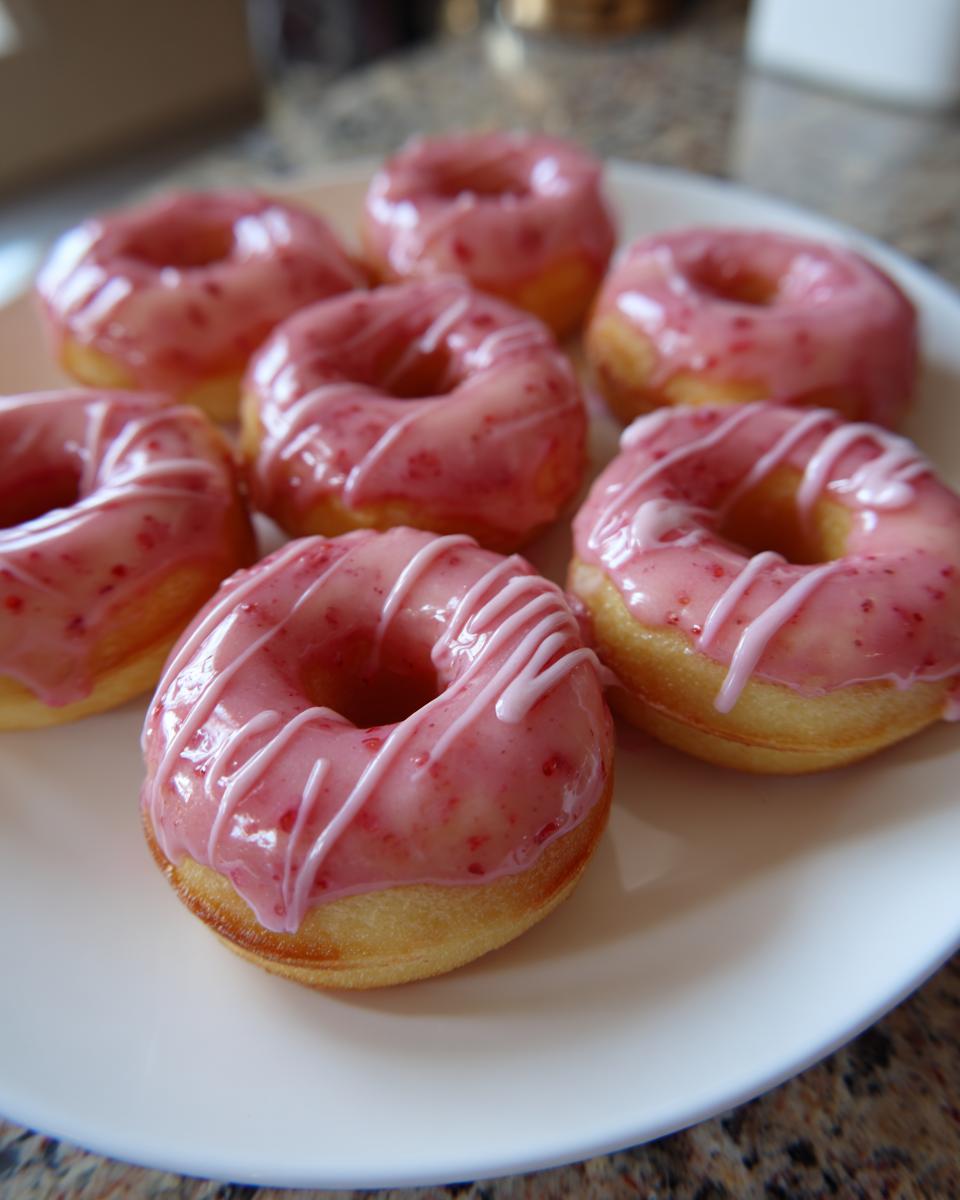 Plate of air fryer mini donuts with strawberry glaze. Perfect for a quick dessert.