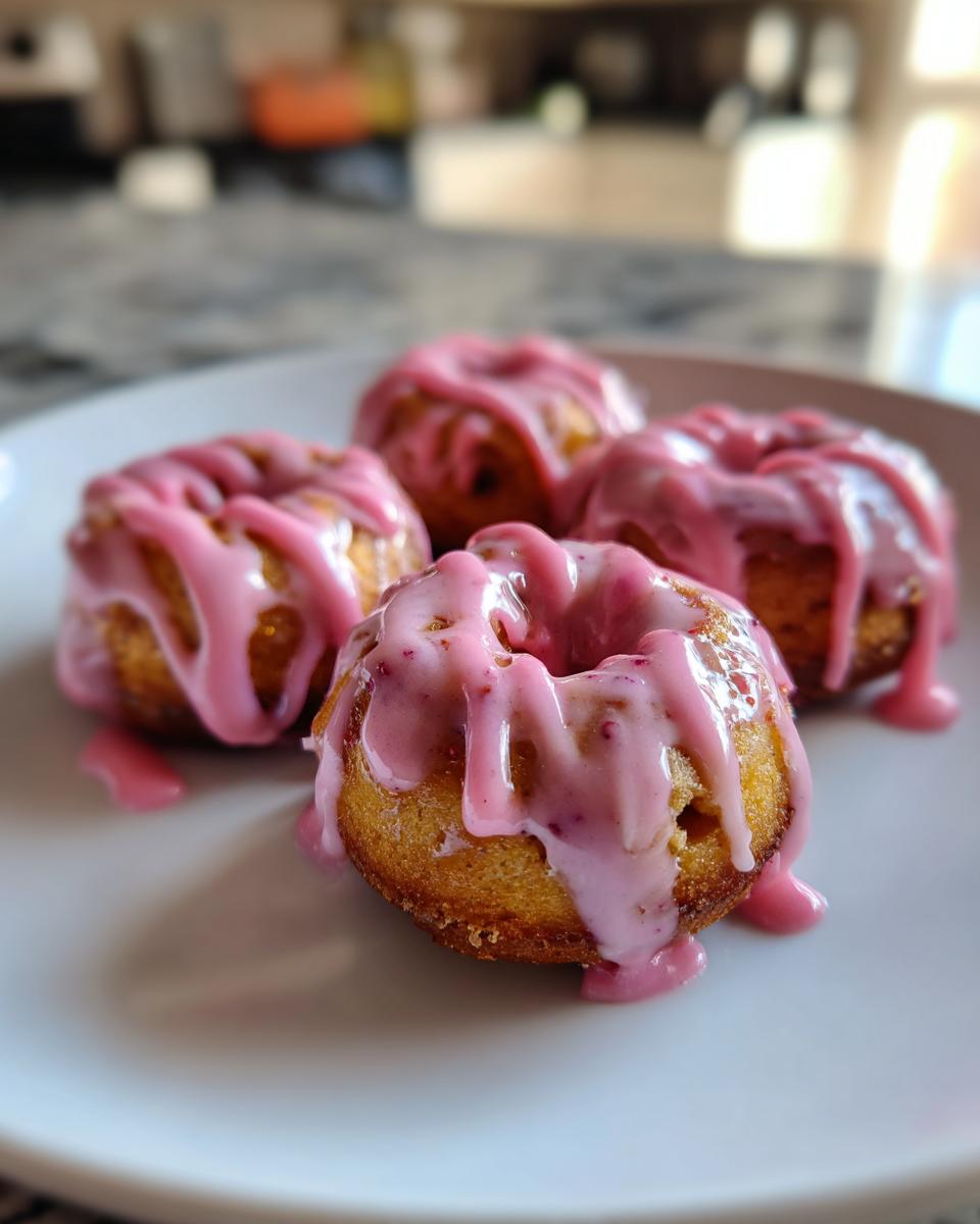 Close-up of air fryer mini donuts with strawberry glaze on a white plate.