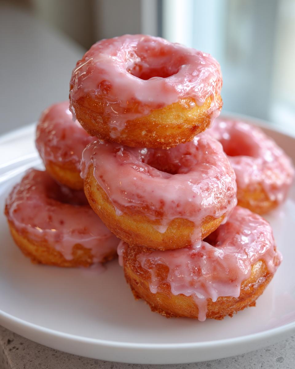 Stack of freshly made Air Fryer Mini Donuts with Strawberry Glaze, a delicious treat.