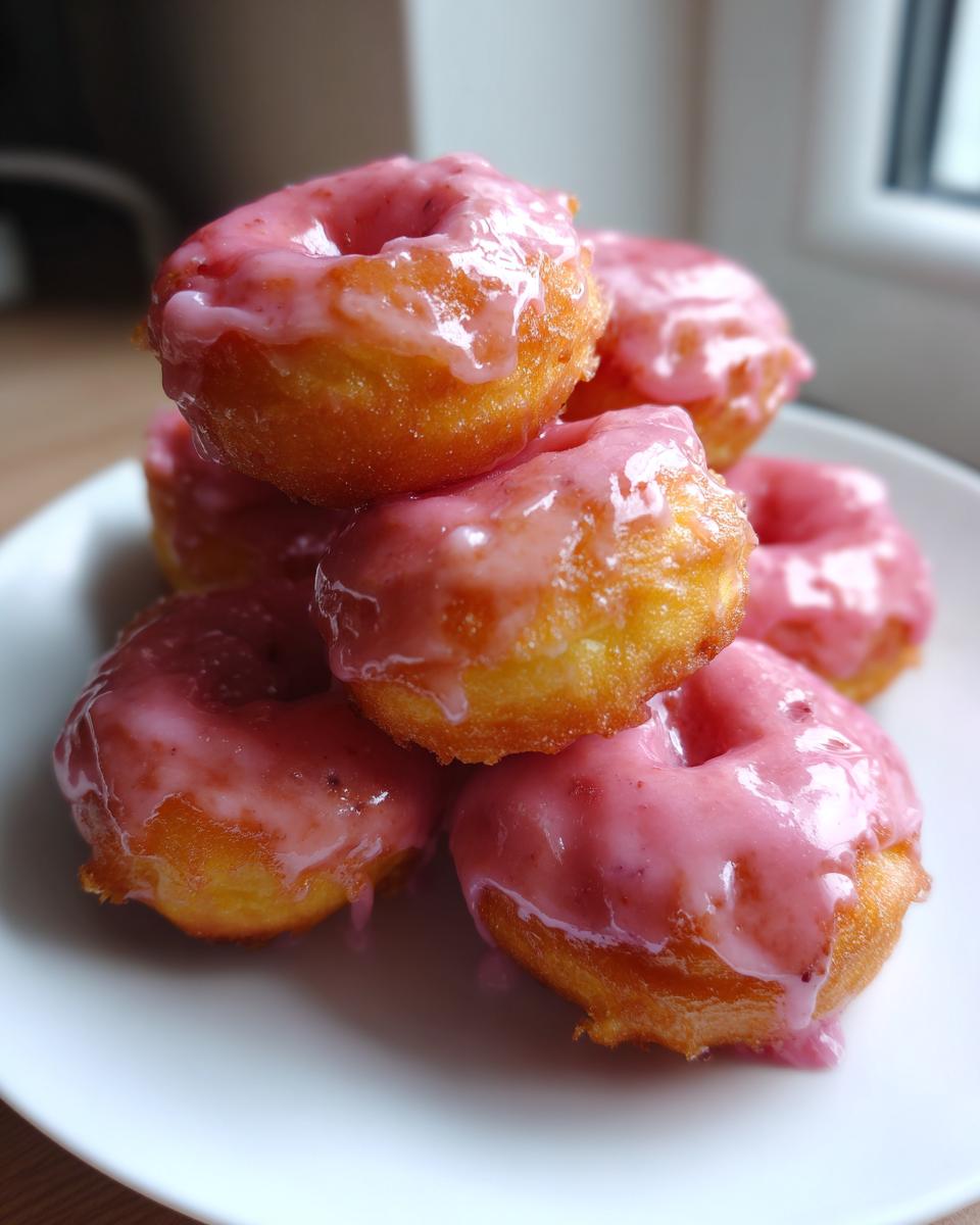 Pile of golden brown air fryer mini donuts topped with a vibrant strawberry glaze.