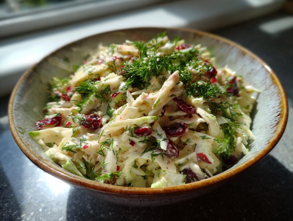 Close-up of a bowl of Apple Cranberry Coleslaw with fresh dill, apples, and cranberries.