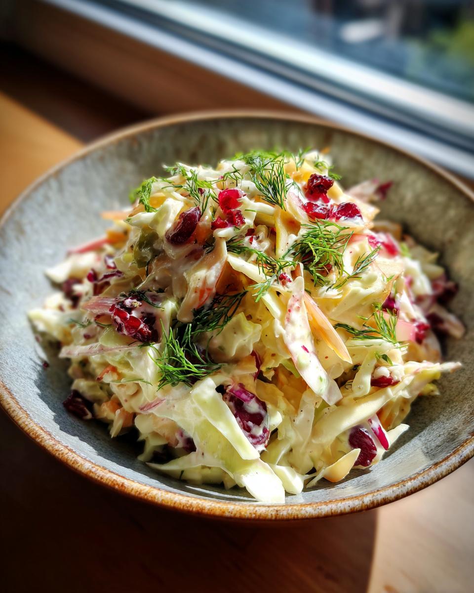 Close-up of a bowl of Apple Cranberry Coleslaw, with cranberries and dill.