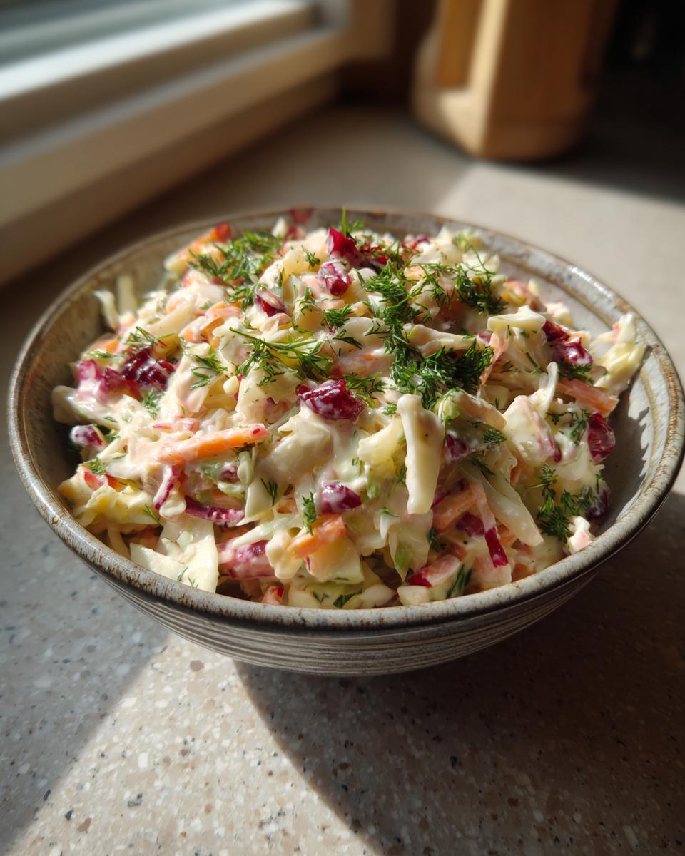 A bowl of fresh Apple Cranberry Coleslaw with cranberries and dill.