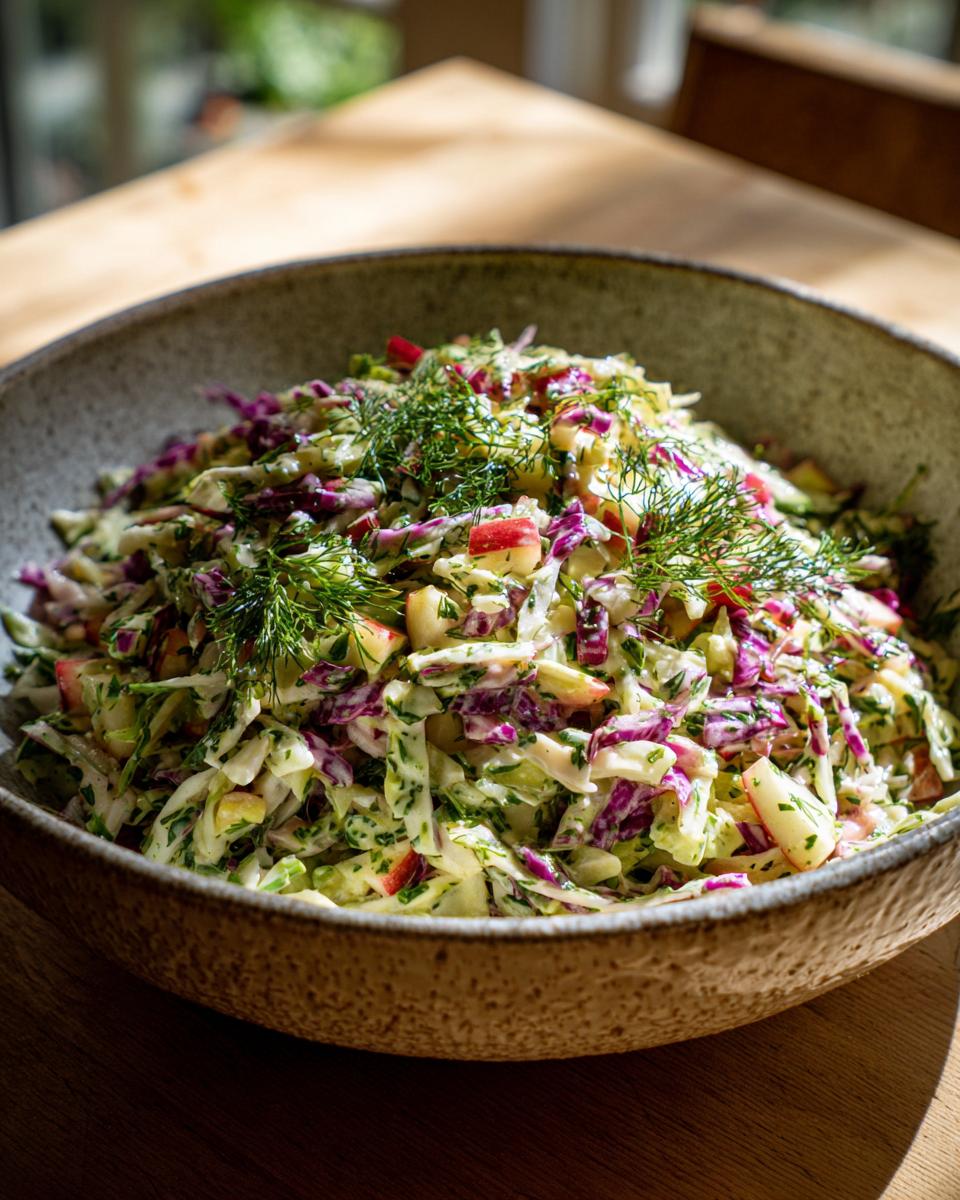 Close-up of a bowl filled with Apple Cranberry Coleslaw, showing the fresh ingredients and vibrant colors.