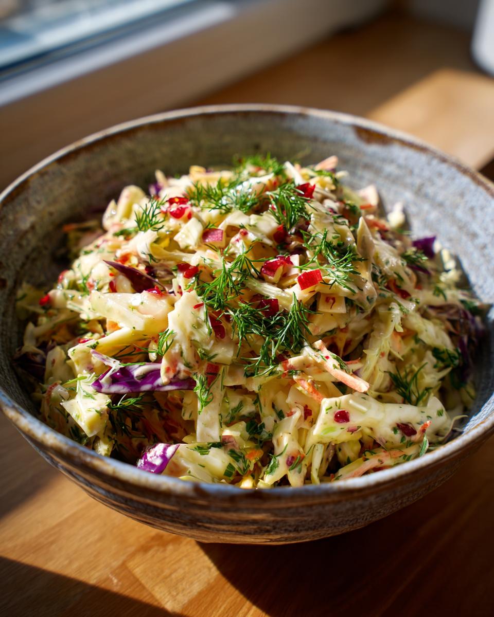 Close-up of a bowl of Apple Cranberry Coleslaw with fresh dill garnish.