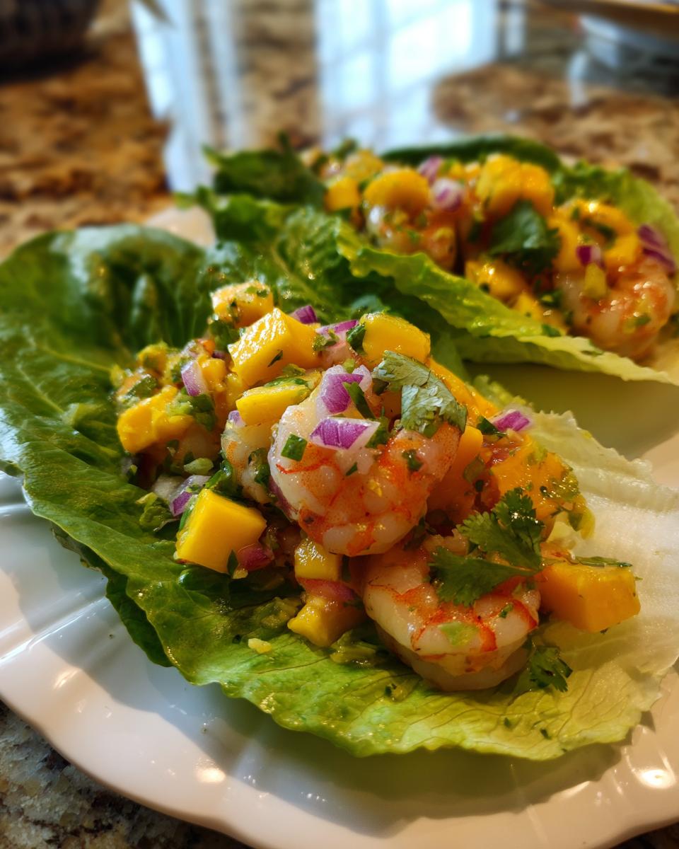 Close-up of Avocado Mango Shrimp Lettuce Wraps with fresh ingredients.