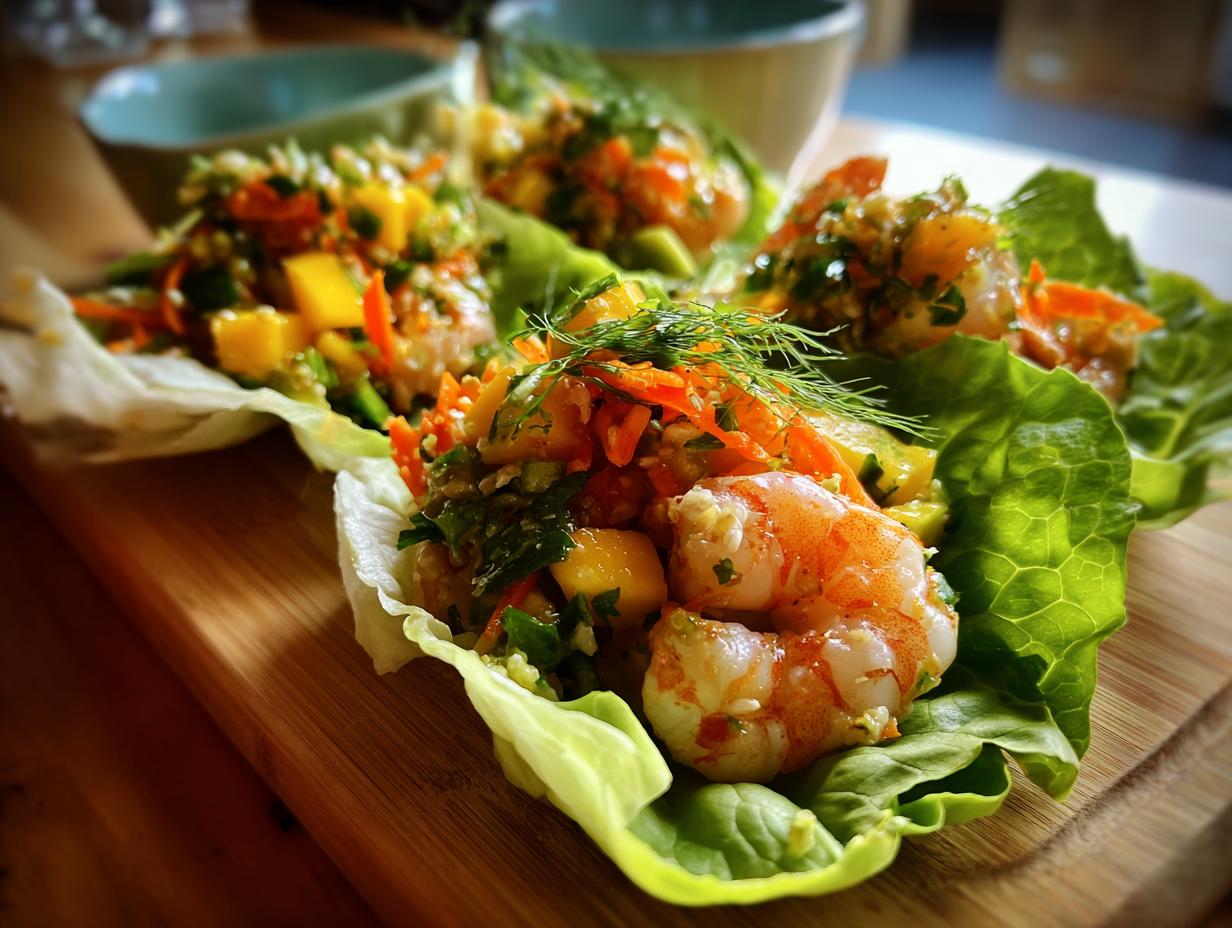 Close-up of Avocado Mango Shrimp Lettuce Wraps on a wooden board, showcasing fresh ingredients.