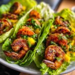 Close-up of delicious Avocado Mango Shrimp Lettuce Wraps with grilled shrimp, mango, and fresh herbs.