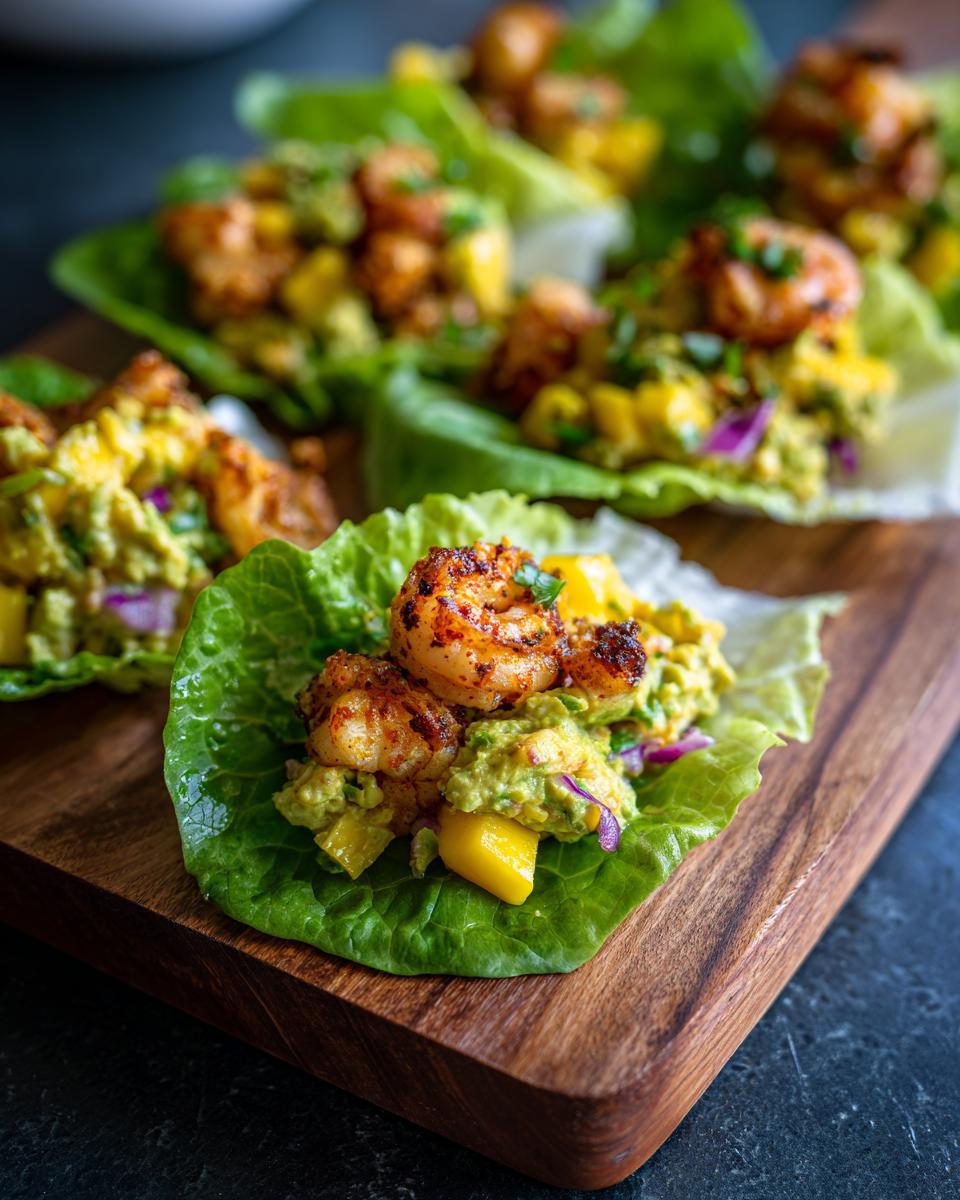 Close-up of Avocado Mango Shrimp Lettuce Wraps on a wooden board. The wraps feature shrimp, avocado, mango, and lettuce.