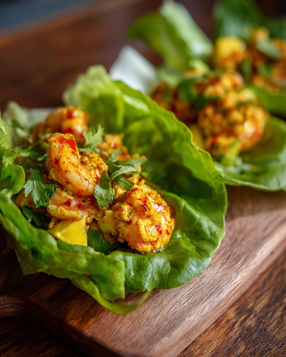 Close-up of Avocado Mango Shrimp Lettuce Wraps, a delicious and healthy meal.