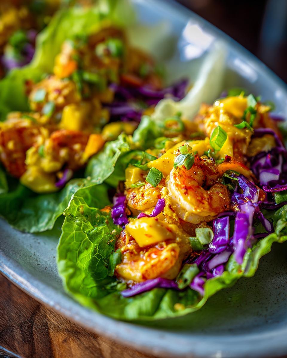 Close-up of Avocado Mango Shrimp Lettuce Wraps, a healthy and delicious meal.