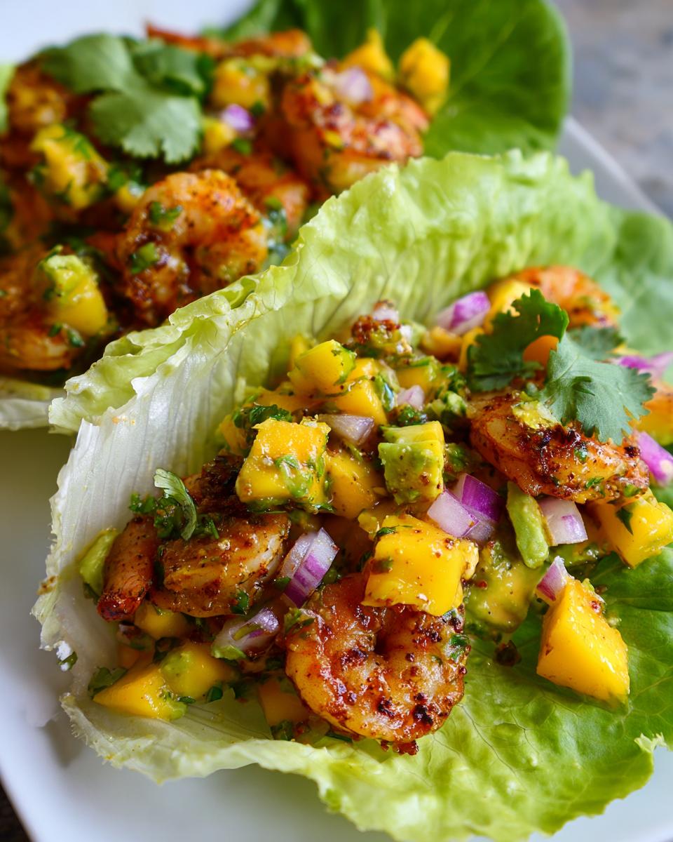 Close-up of Avocado Mango Shrimp Lettuce Wraps, a healthy and delicious appetizer.