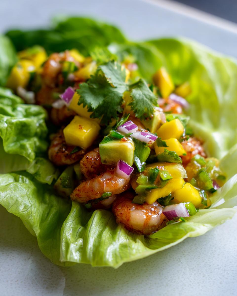 Close-up of Avocado Mango Shrimp Lettuce Wraps, a delicious and healthy meal.
