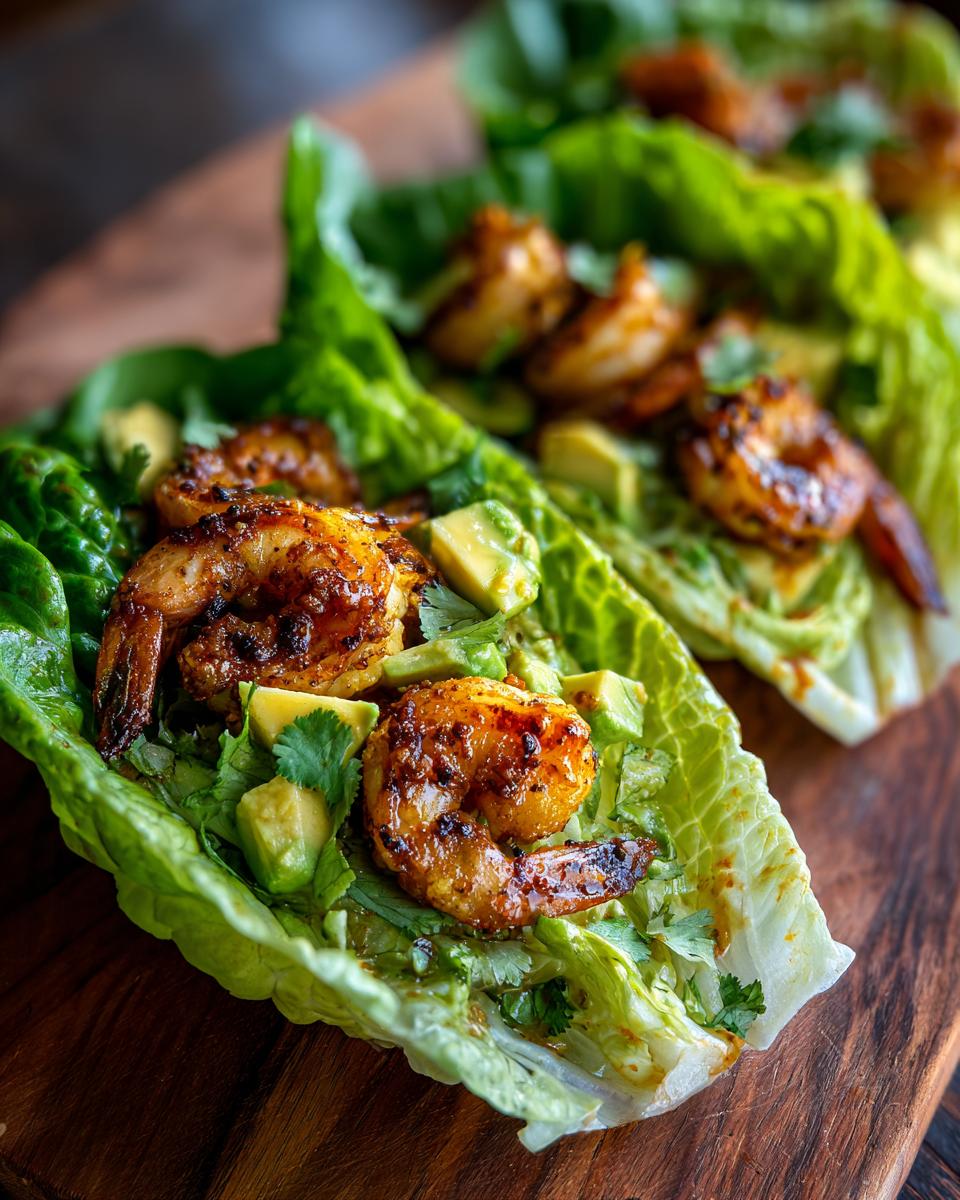 Close-up of Avocado Mango Shrimp Lettuce Wraps with grilled shrimp, avocado, and lettuce.