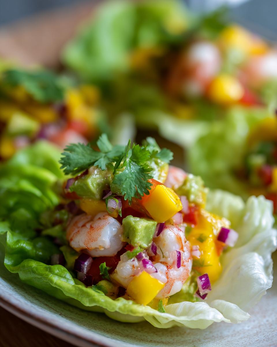 Close-up of Avocado Mango Shrimp Lettuce Wraps with shrimp, mango, avocado, and lettuce.