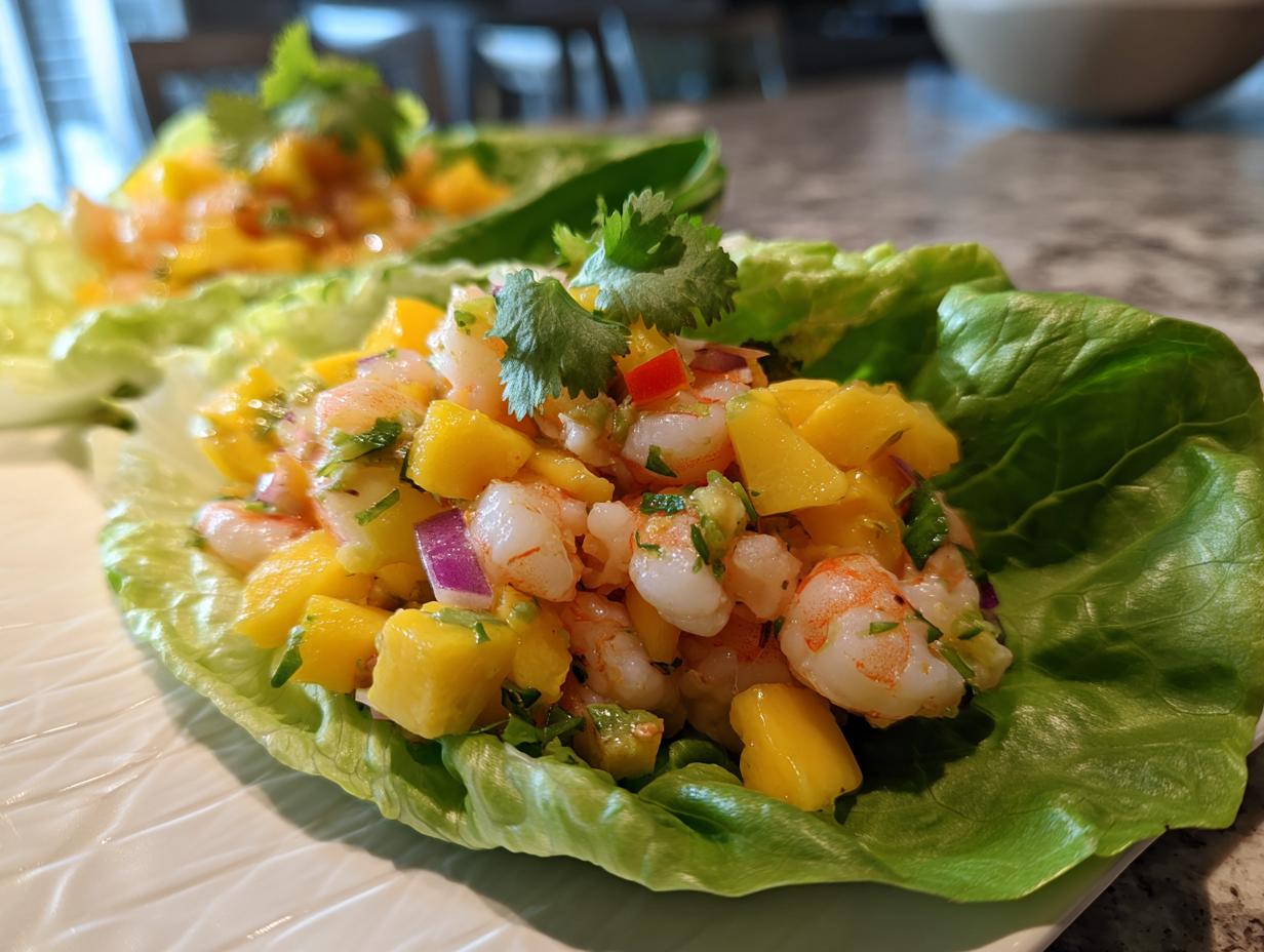 Close-up of Avocado Mango Shrimp Lettuce Wraps, a fresh and healthy appetizer.