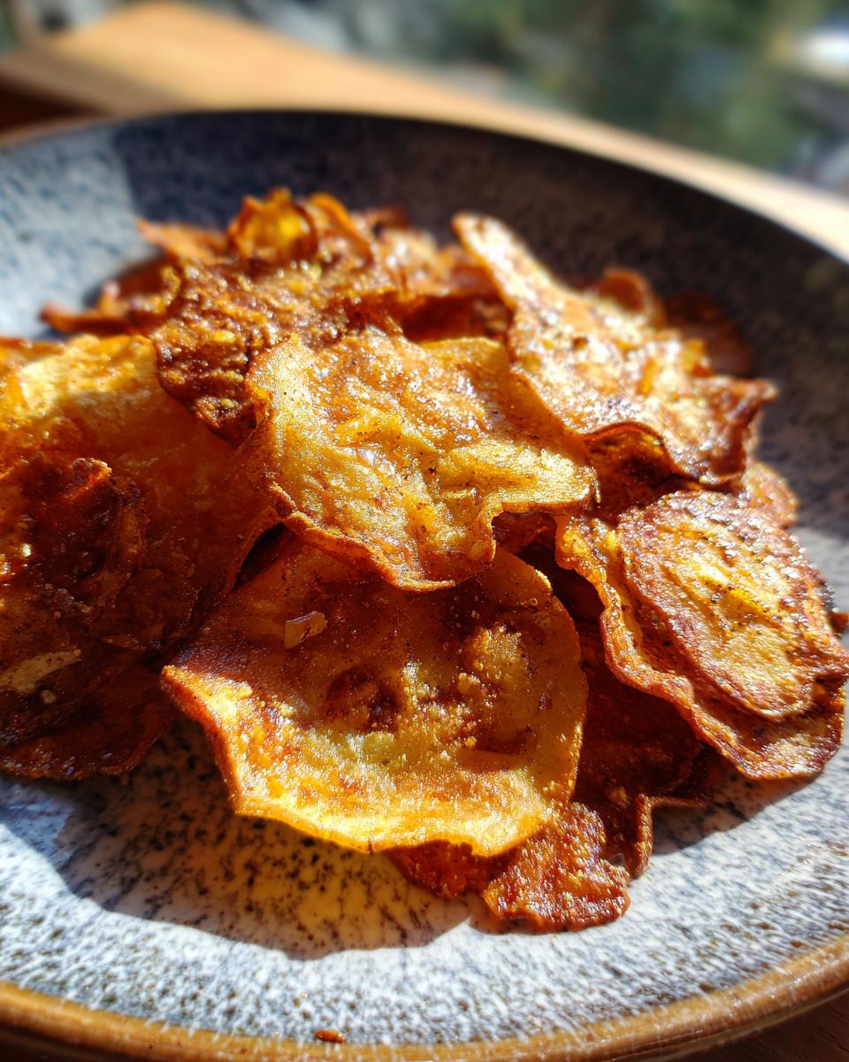 Close-up of golden Baked Apple Cinnamon Oat Chips in a bowl, showing texture and detail.