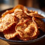 Close-up of a bowl filled with golden-brown Baked Apple Cinnamon Oat Chips, sprinkled with cinnamon.
