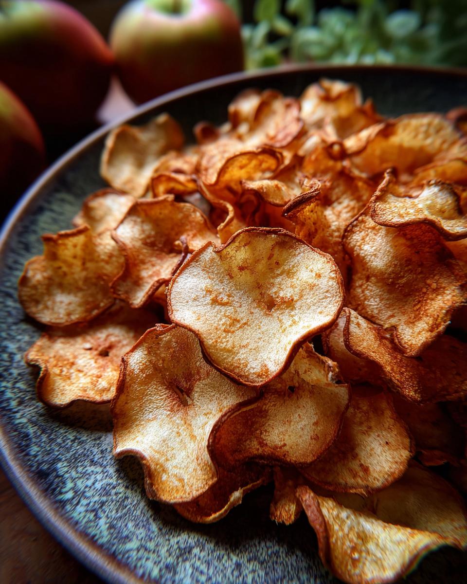 Close-up of a bowl filled with delicious Baked Apple Cinnamon Oat Chips, a healthy snack.