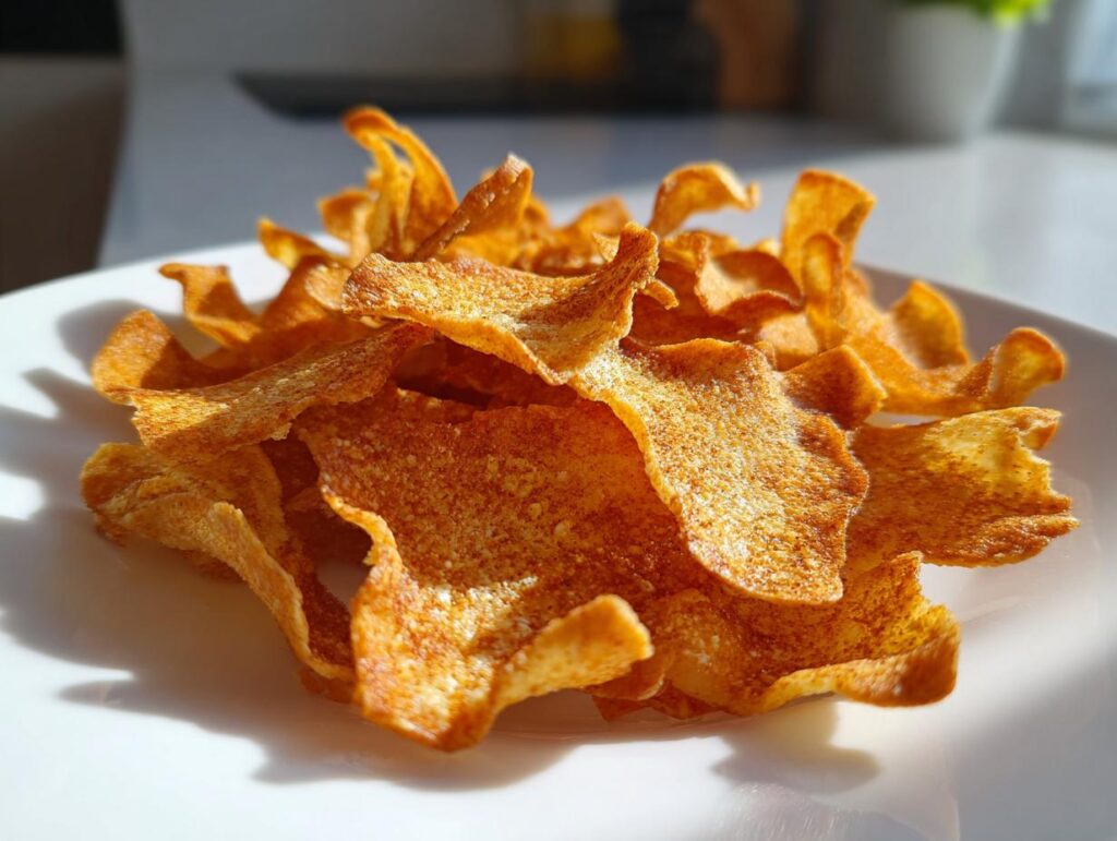 Close-up of a plate of delicious Baked Apple Cinnamon Oat Chips, a healthy snack.