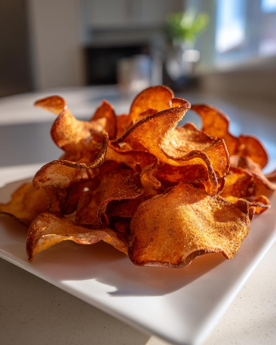 Close-up of a pile of crispy Baked Apple Cinnamon Oat Chips on a white plate.