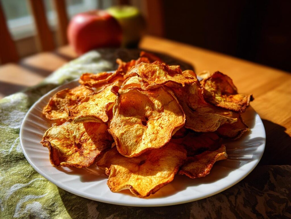 Close-up of a plate filled with delicious Baked Apple Cinnamon Oat Chips.