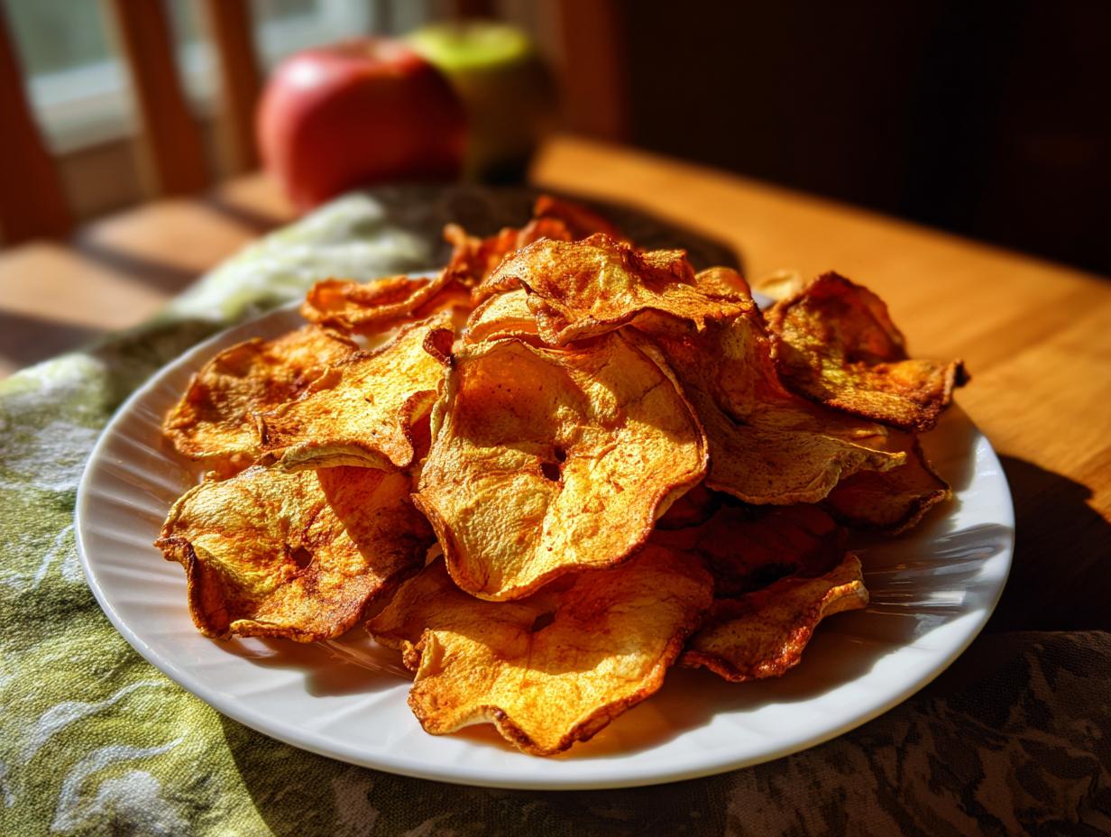 Close-up of a plate filled with delicious Baked Apple Cinnamon Oat Chips.