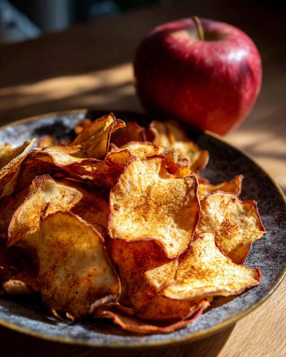 Close-up of a plate filled with delicious Baked Apple Cinnamon Oat Chips, with an apple in the background.