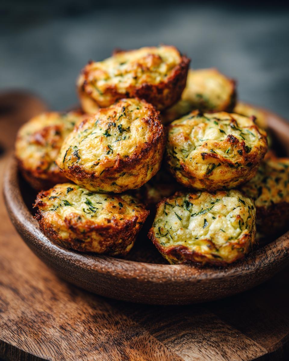 Close-up of golden brown Baked Parmesan Zucchini muffins in a wooden bowl, showing texture and herbs.
