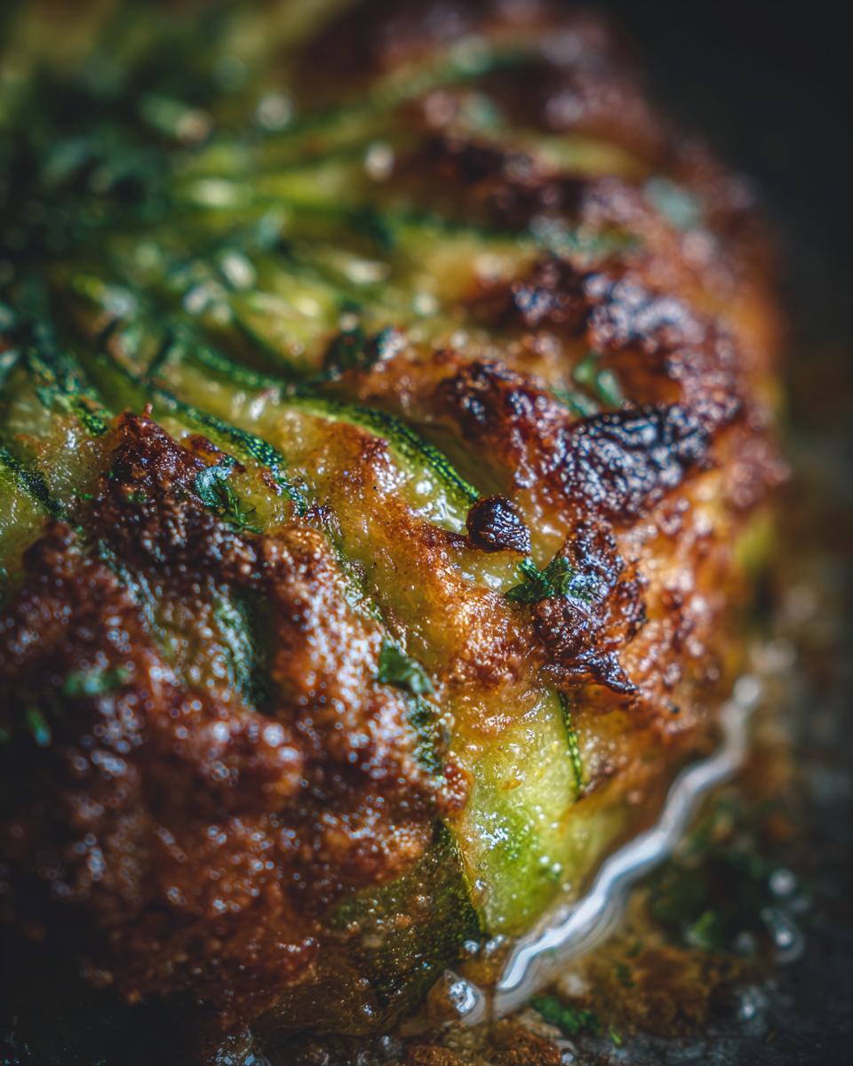 Close-up of golden brown Baked Parmesan Zucchini, showing the texture and ingredients.