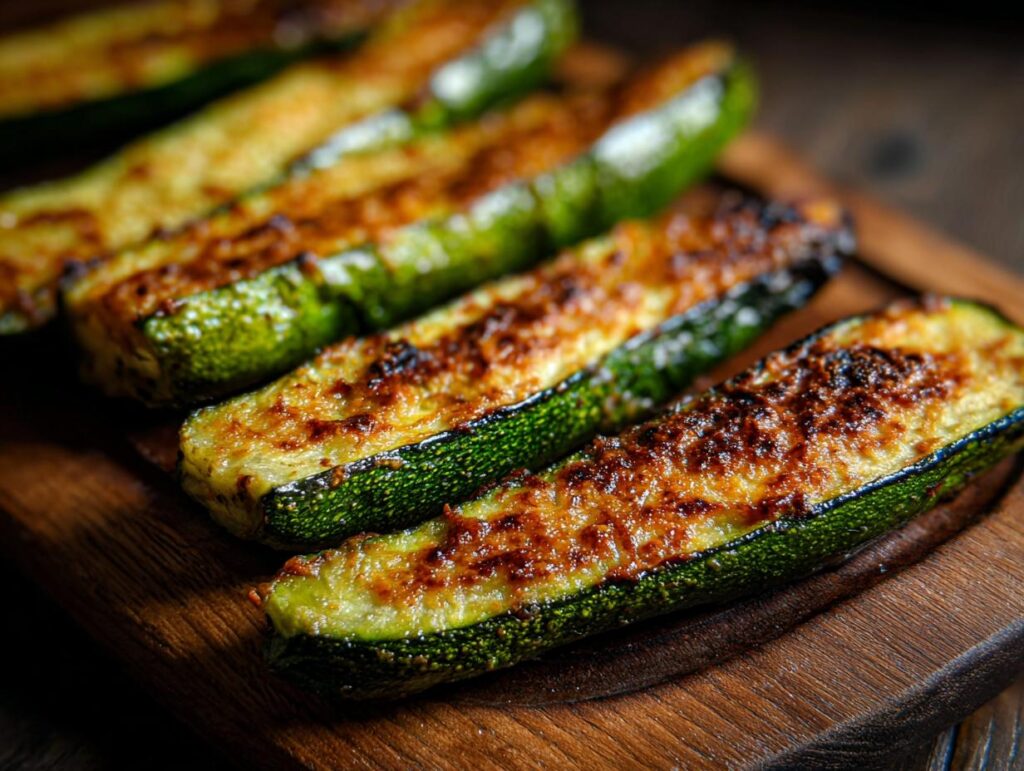 Close-up of golden brown Baked Parmesan Zucchini, a delicious and easy recipe.
