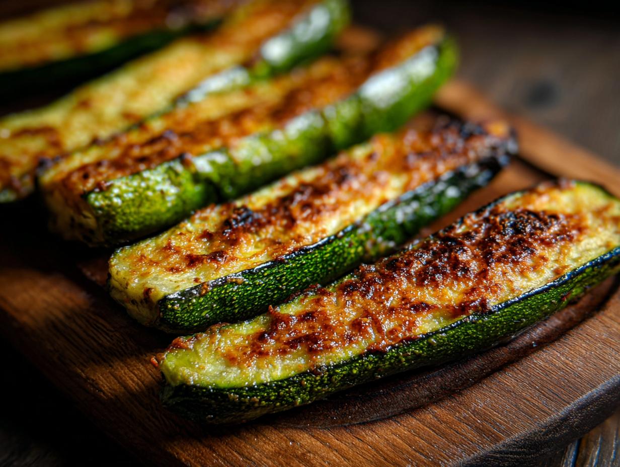 Close-up of golden brown Baked Parmesan Zucchini, a delicious and easy recipe.