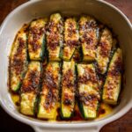 Overhead shot of baked Parmesan zucchini in a baking dish, golden brown and delicious.