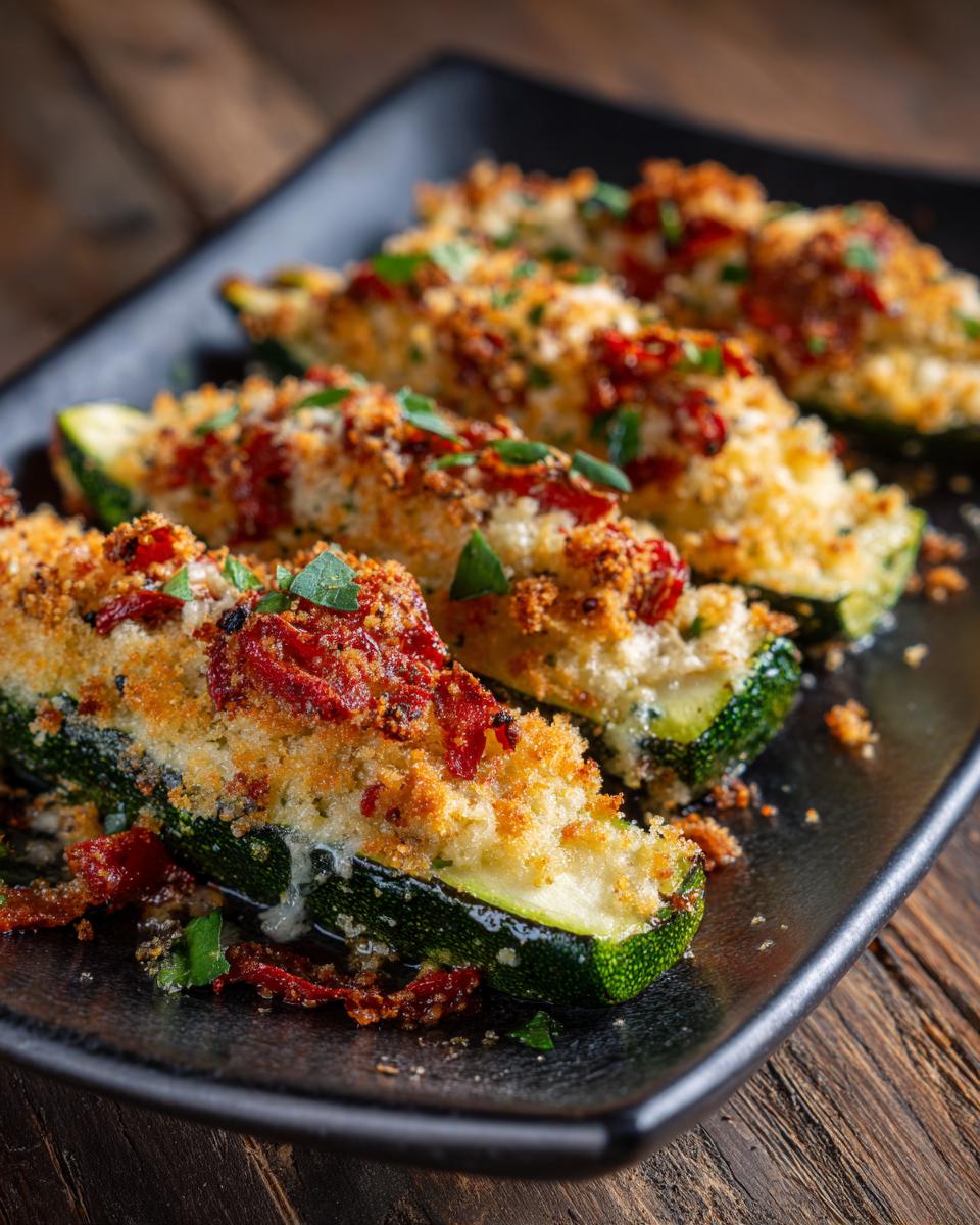 Close-up of Baked Parmesan Zucchini halves on a black plate, garnished with herbs.
