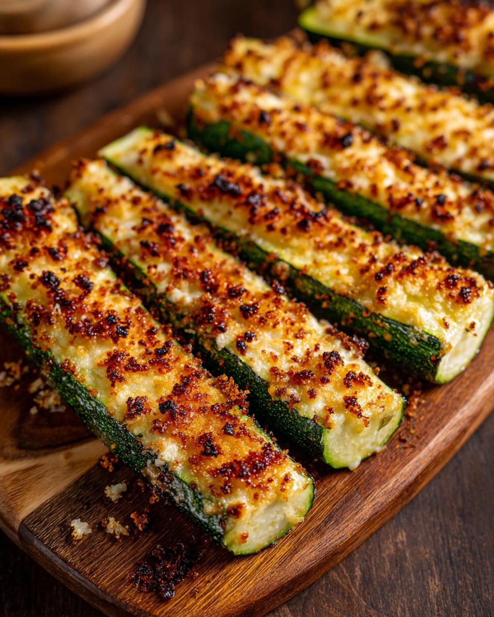 Close-up of golden brown baked Parmesan zucchini sticks on a wooden board.