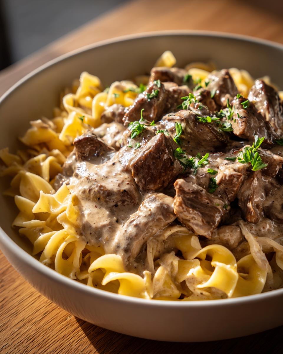Close-up of a bowl of Classic Beef Stroganoff with Egg Noodles, creamy sauce and fresh herbs.