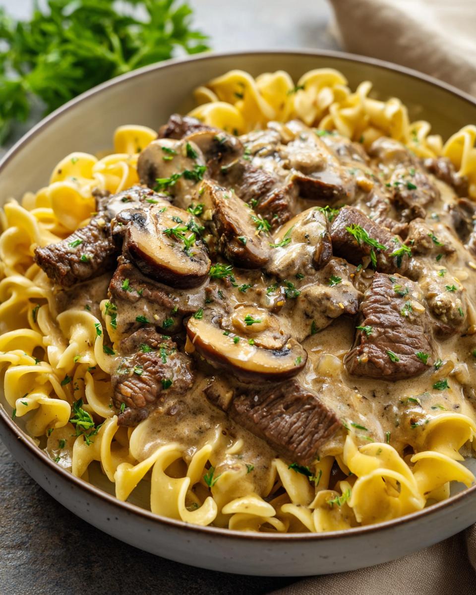 Close-up of Classic Beef Stroganoff with egg noodles, mushrooms, and beef in a creamy sauce.
