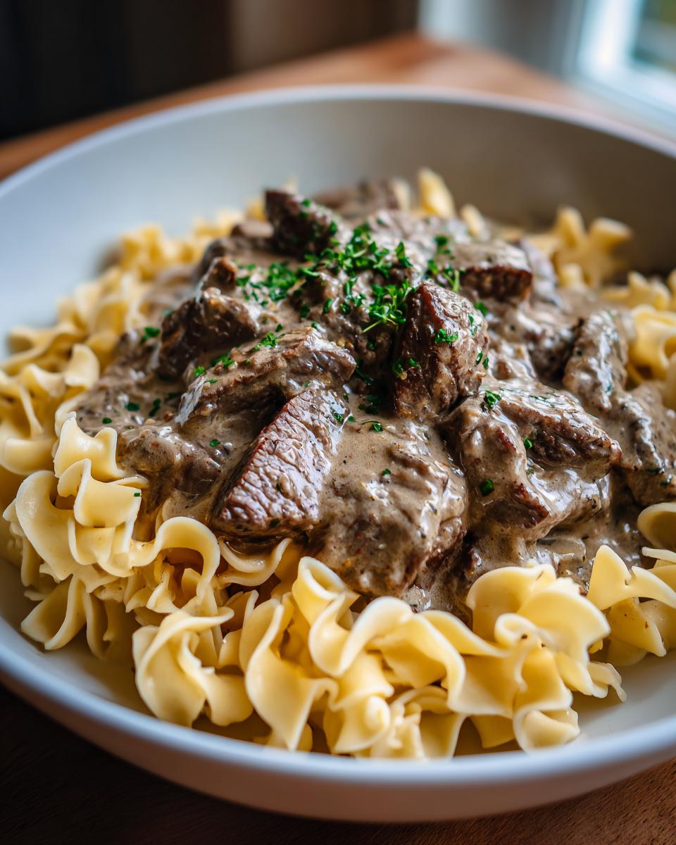 Close-up of a bowl of Classic Beef Stroganoff with Egg Noodles, creamy sauce, and fresh herbs.