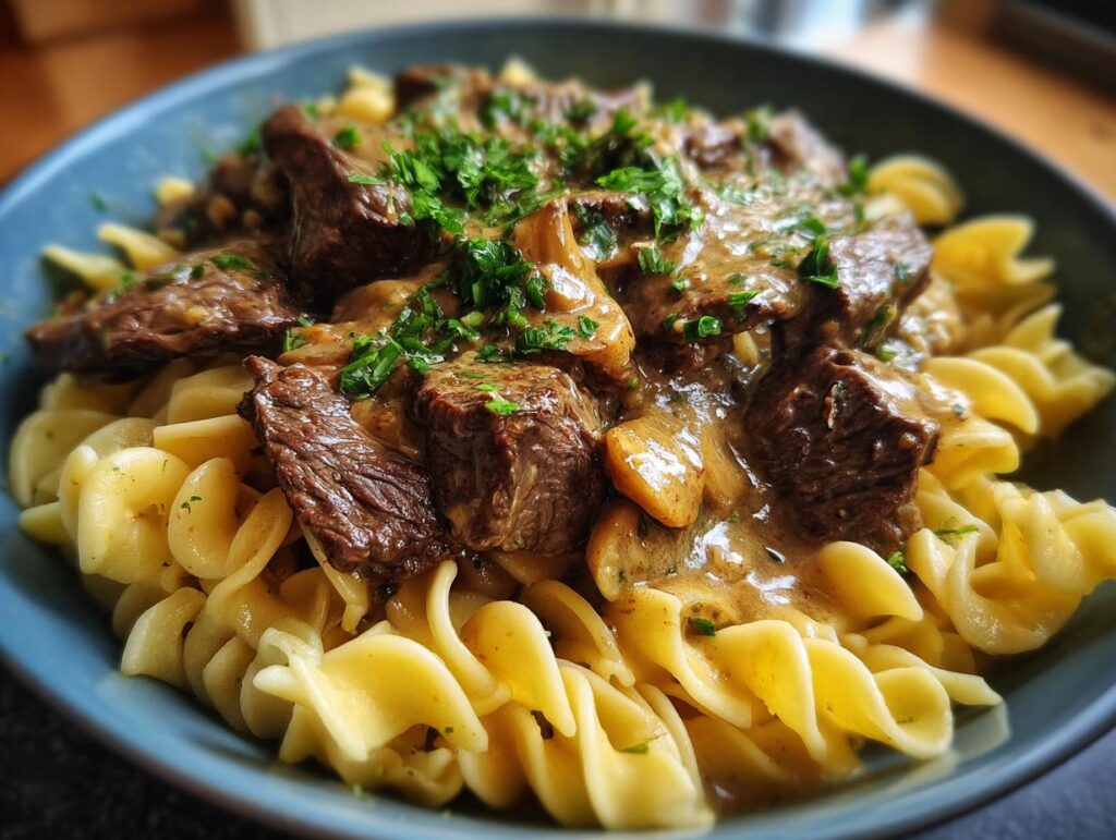 Close-up of Classic Beef Stroganoff with Egg Noodles, garnished with fresh parsley.